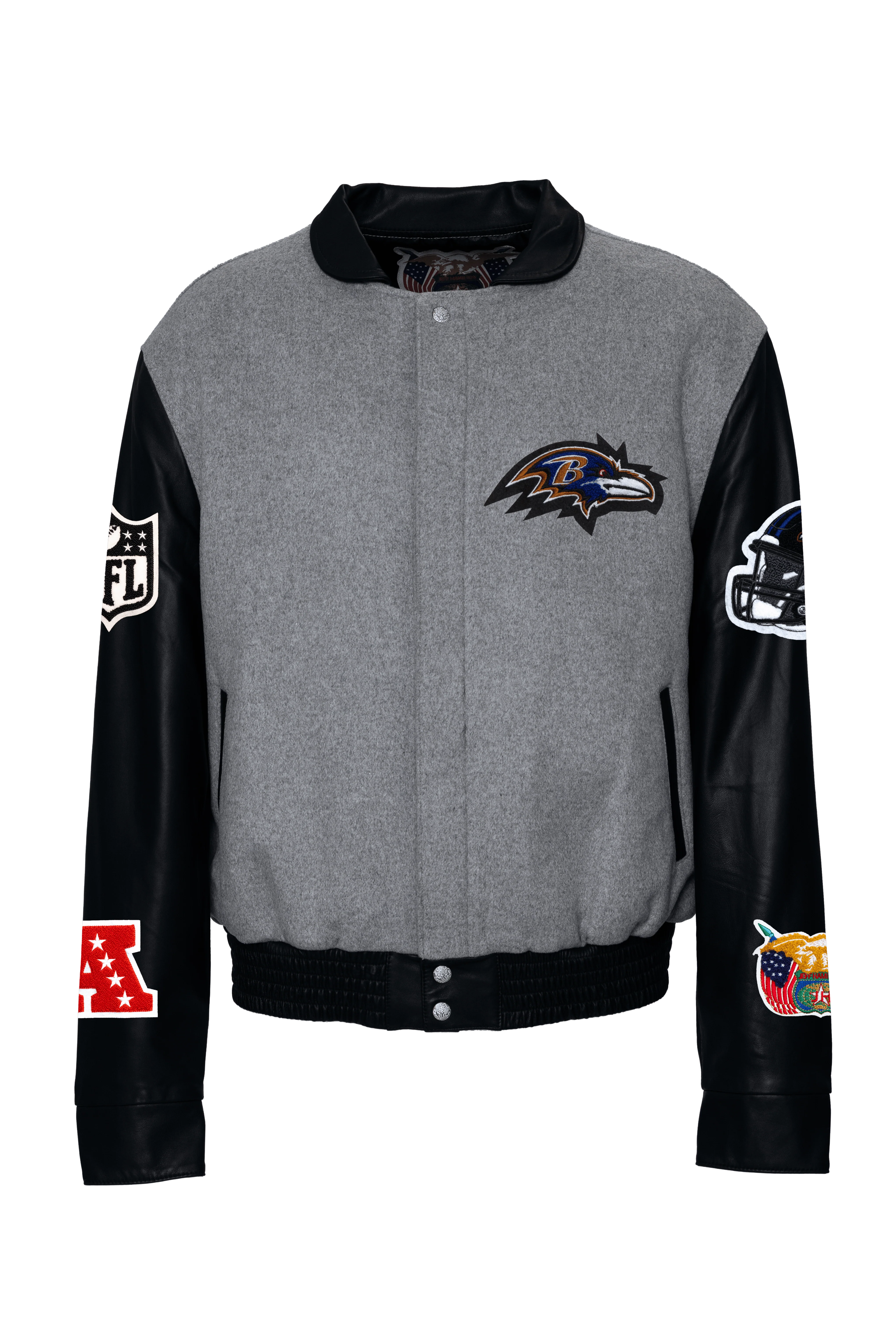 Baltimore Raven Wool & Leather Varsity Jacket Gray/Black - Image 2