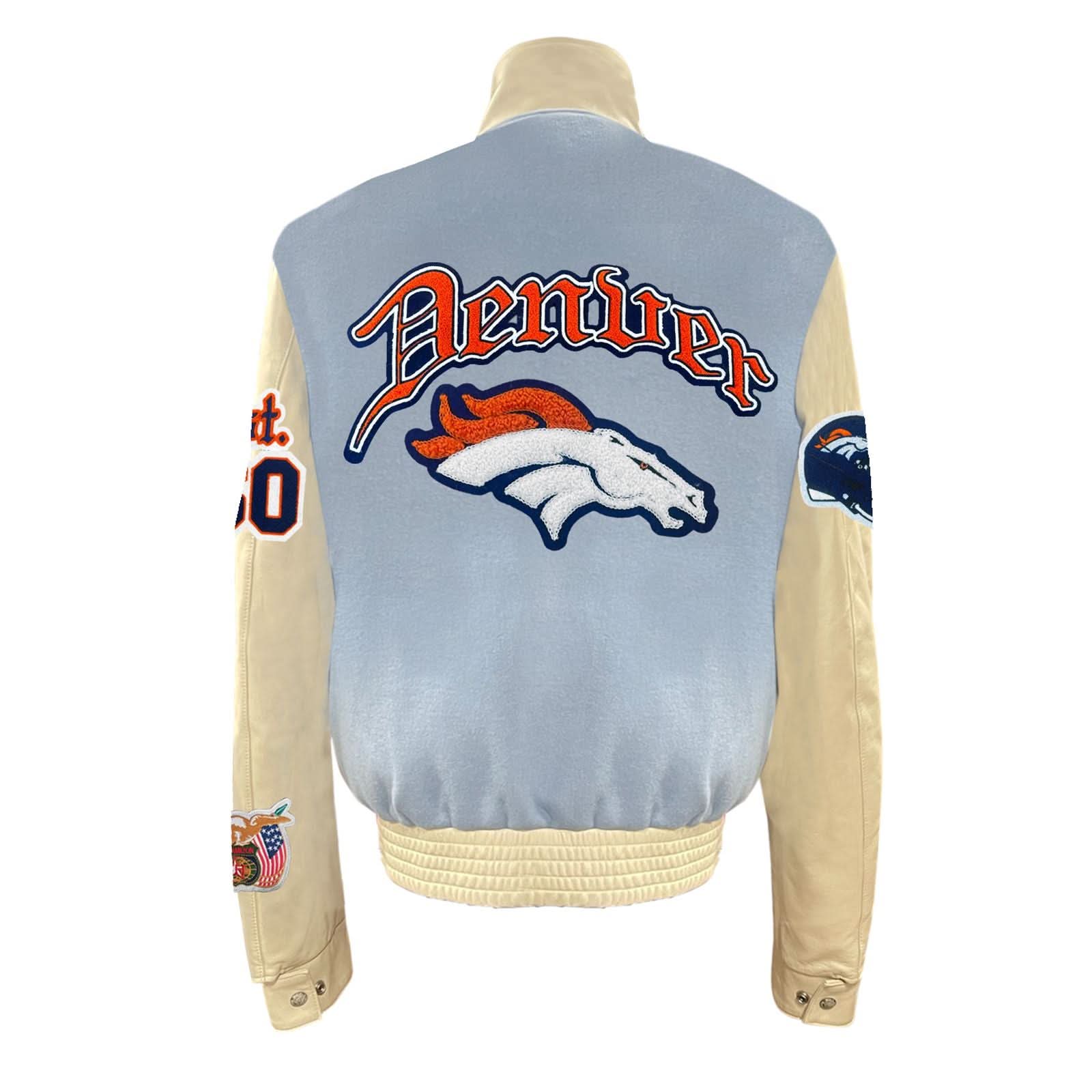 Denver Broncos Wool & Leather Old English Varsity Jacket Baby Blue