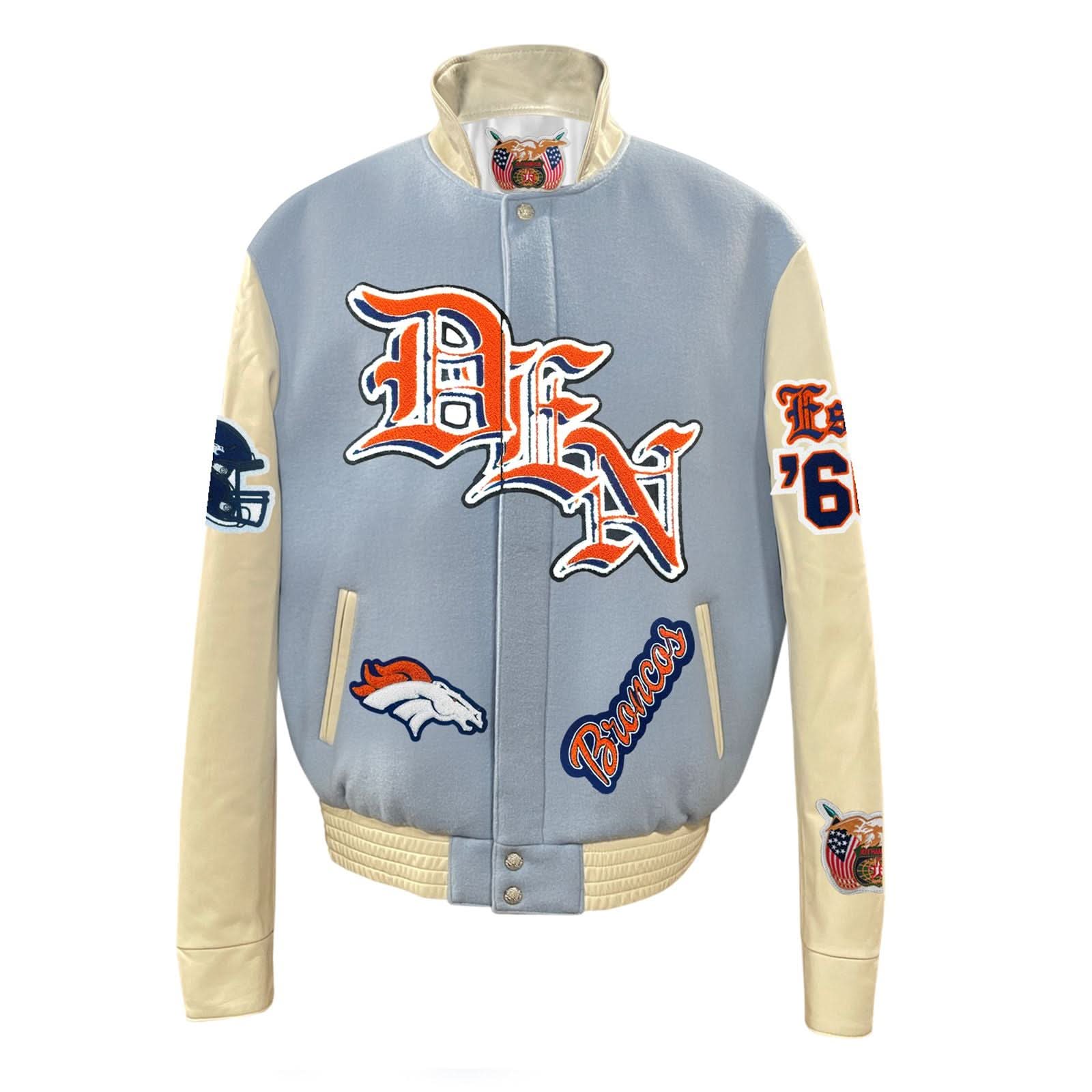 Denver Broncos Wool & Leather Old English Varsity Jacket Baby Blue - Image 2