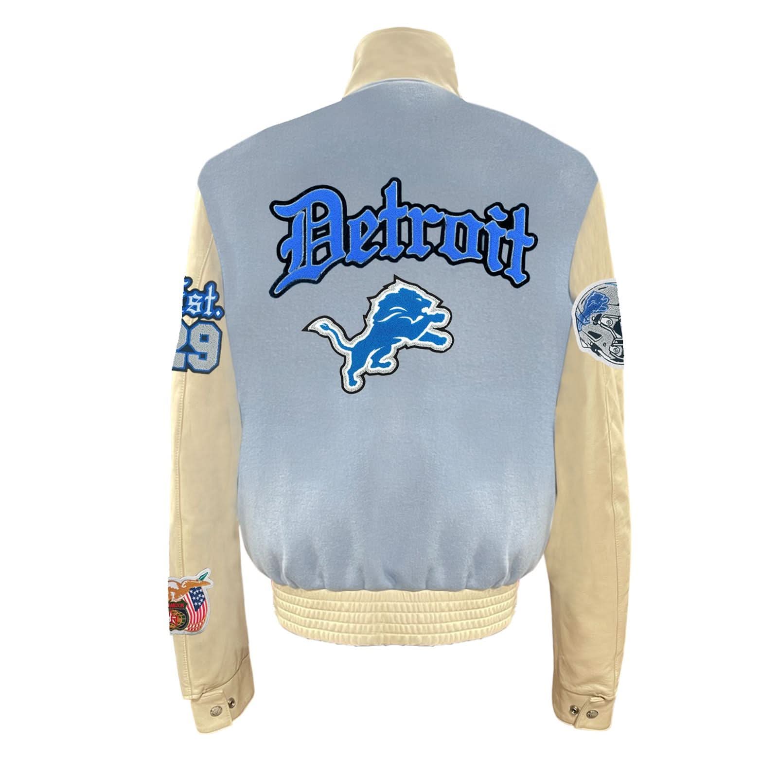 Detroit Lions Wool & Leather Varsity Old English Jacket Baby Blue