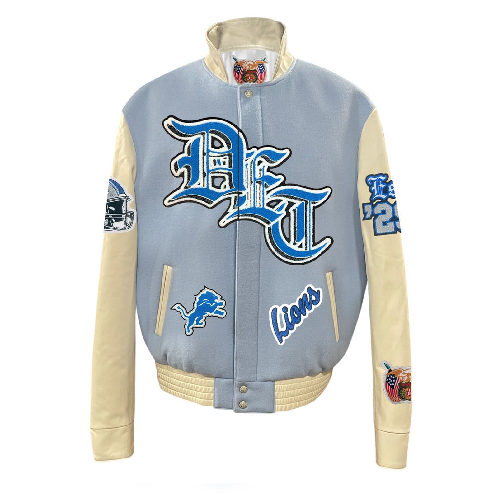 Detroit Lions Wool & Leather Varsity Old English Jacket Baby Blue - Image 2