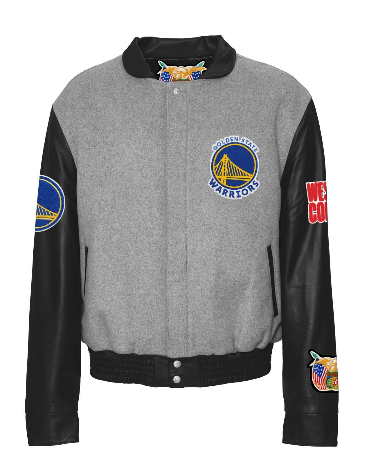 Golden State Warriors Wool & Leather Varsity Jacket Grey - Image 3