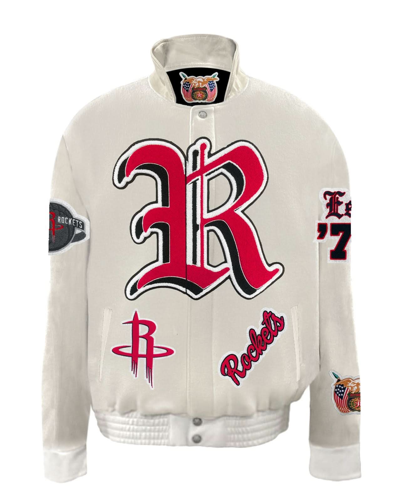 Houston Rockets Wool & Leather Old English Jacket White - Image 2
