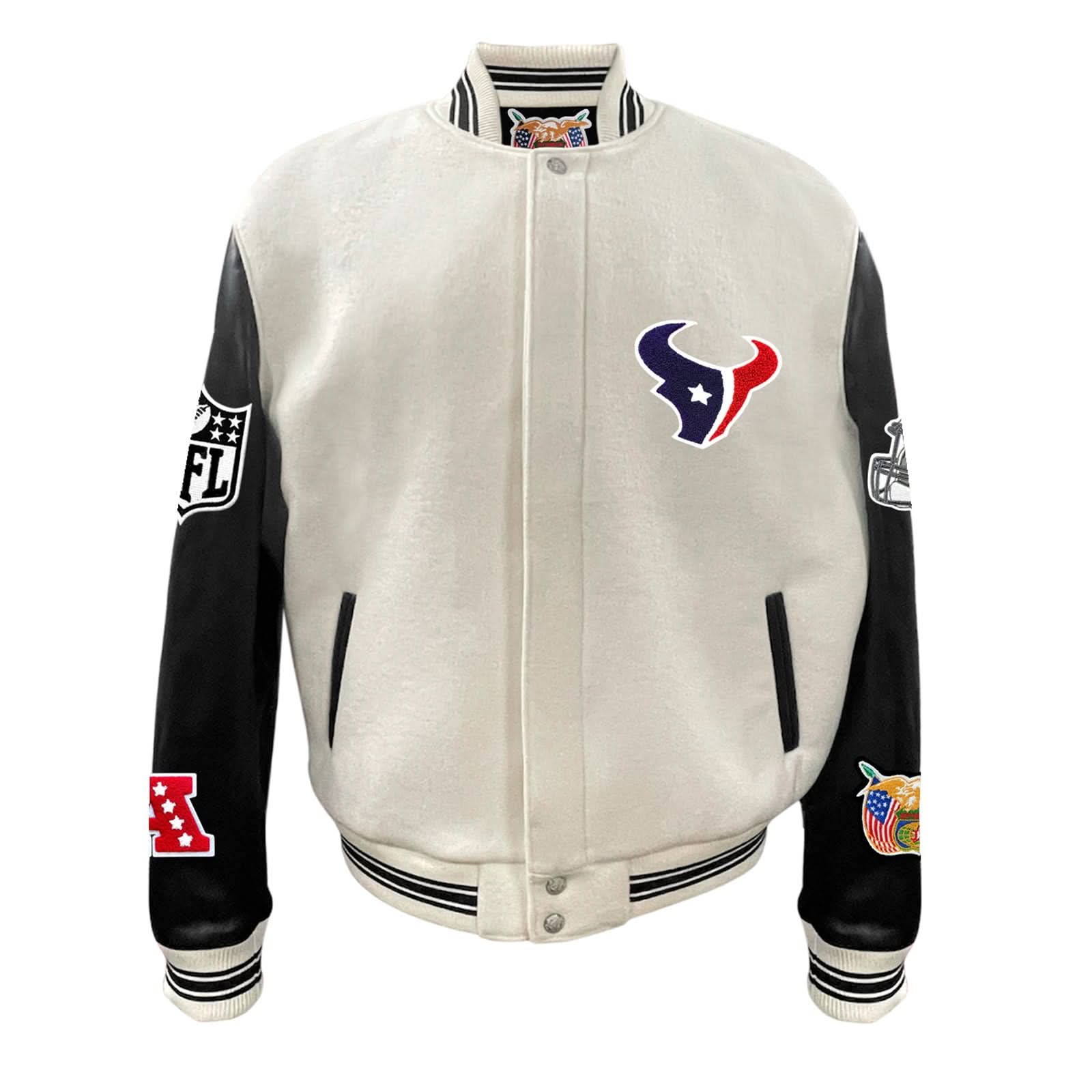 Houston Texans Wool & Leather Varsity Jacket Off White/Black - Image 2