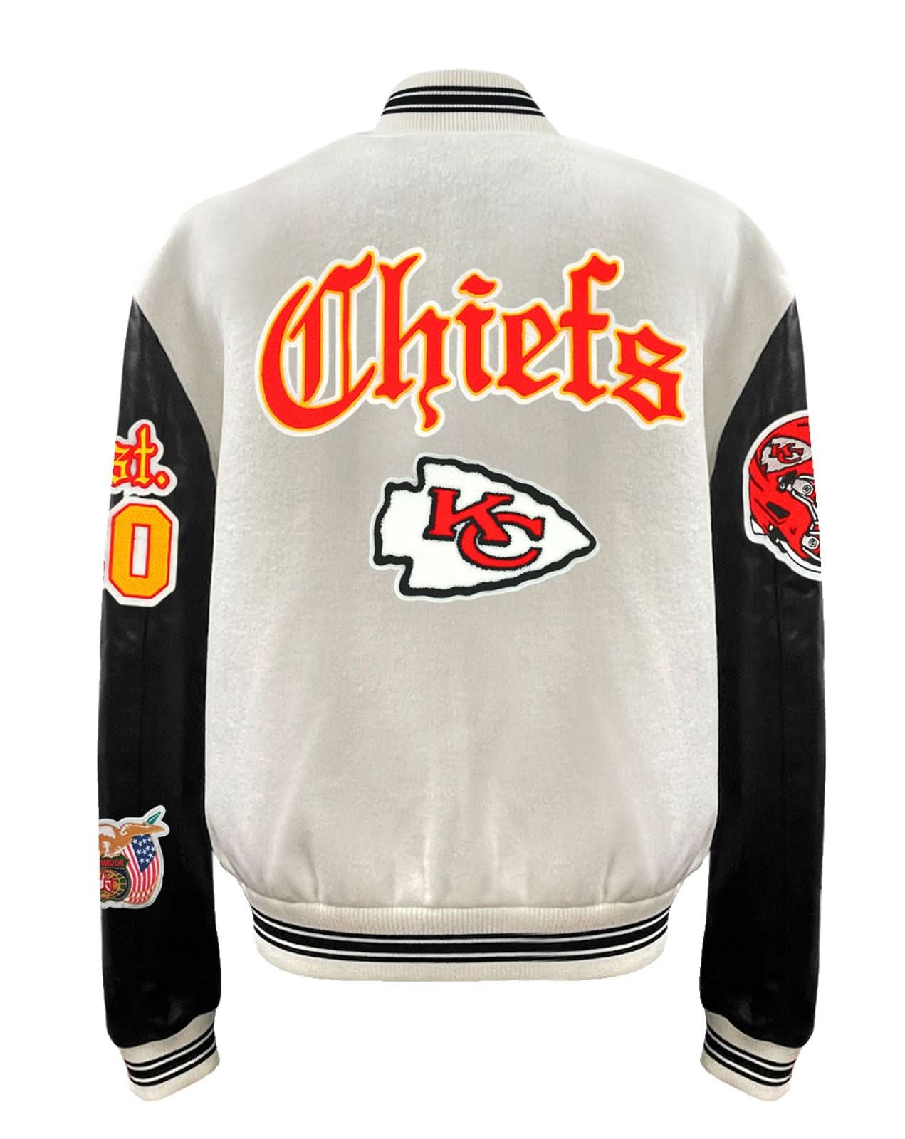 Kansas City Chiefs Wool & Leather Old English Varsity Jacket Off White/Black