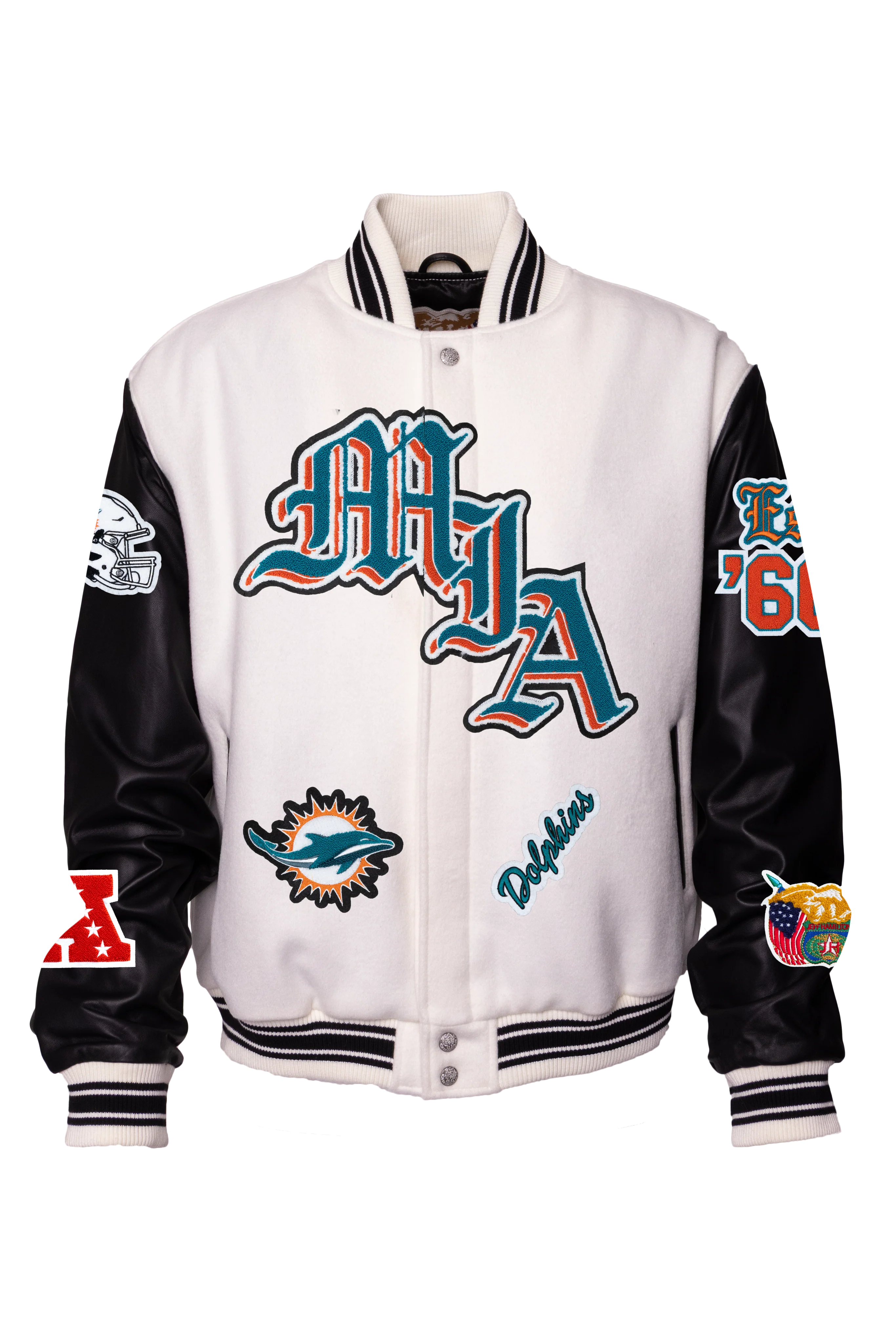 Miami Dolphins Wool & Leather Old English Varsity Jacket - Image 2