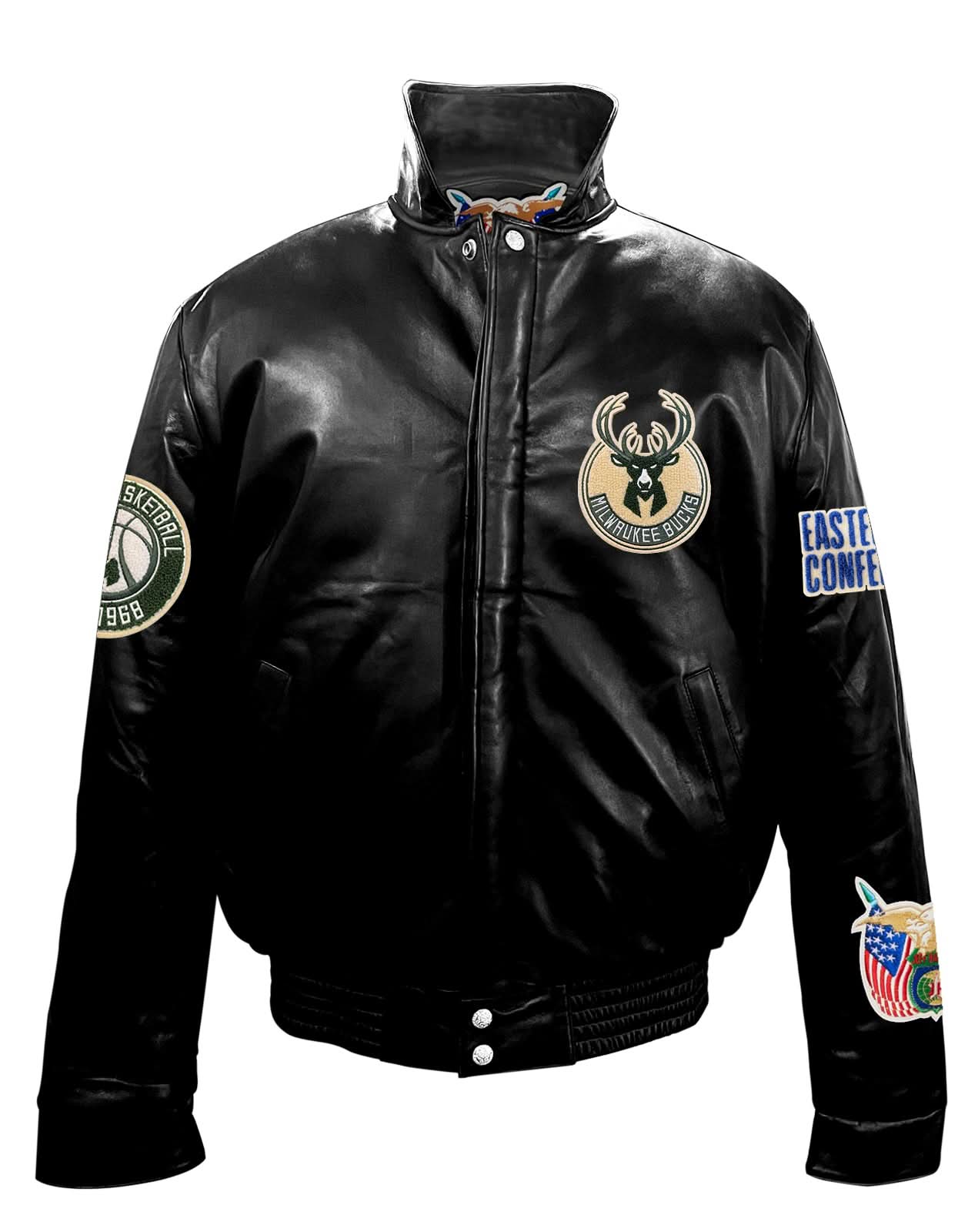 Milwaukee Bucks Full Leather Puffer Jacket Black - Image 2
