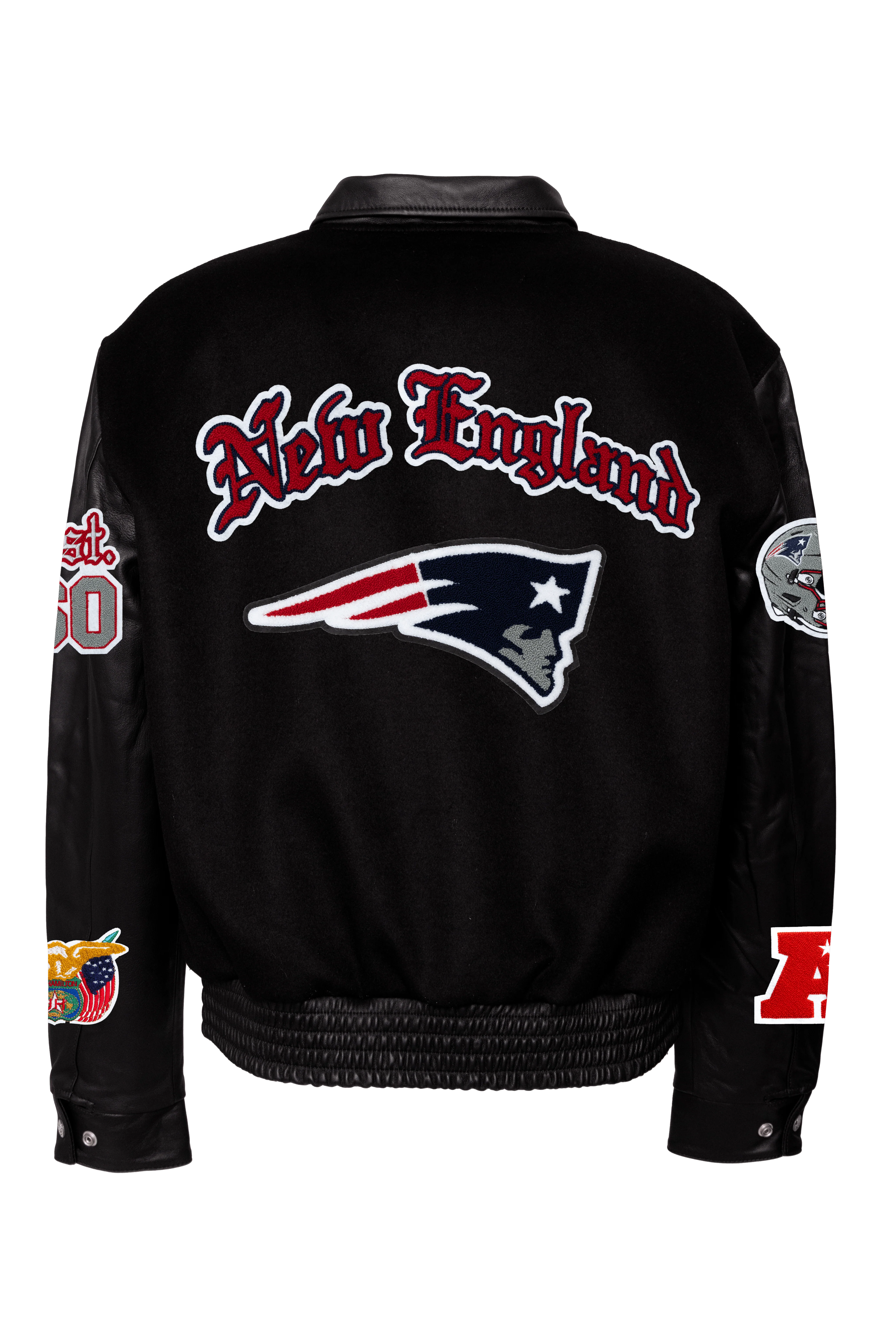 New England Patriots Wool & Leather Old English Varsity Jacket