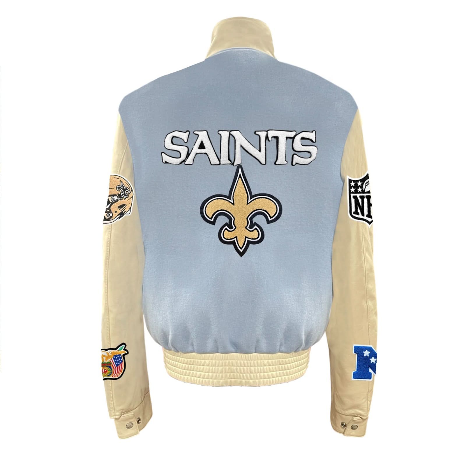 New Orleans Saints Wool & Leather Old English Varsity Jacket Baby Blue