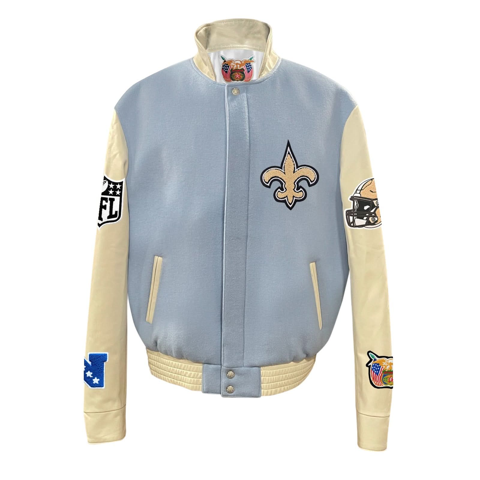 New Orleans Saints Wool & Leather Old English Varsity Jacket Baby Blue - Image 2