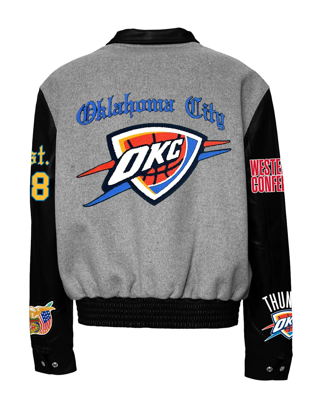 Oklahoma City Thunder Wool & Leather Old English Varsity Jacket - Image 2