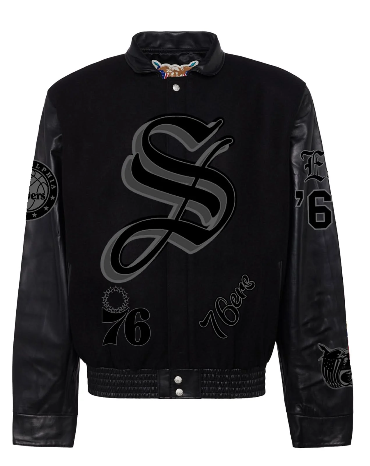 Philadelphia 76ers Wool & Leather Old English Varsity Jacket Black/Black