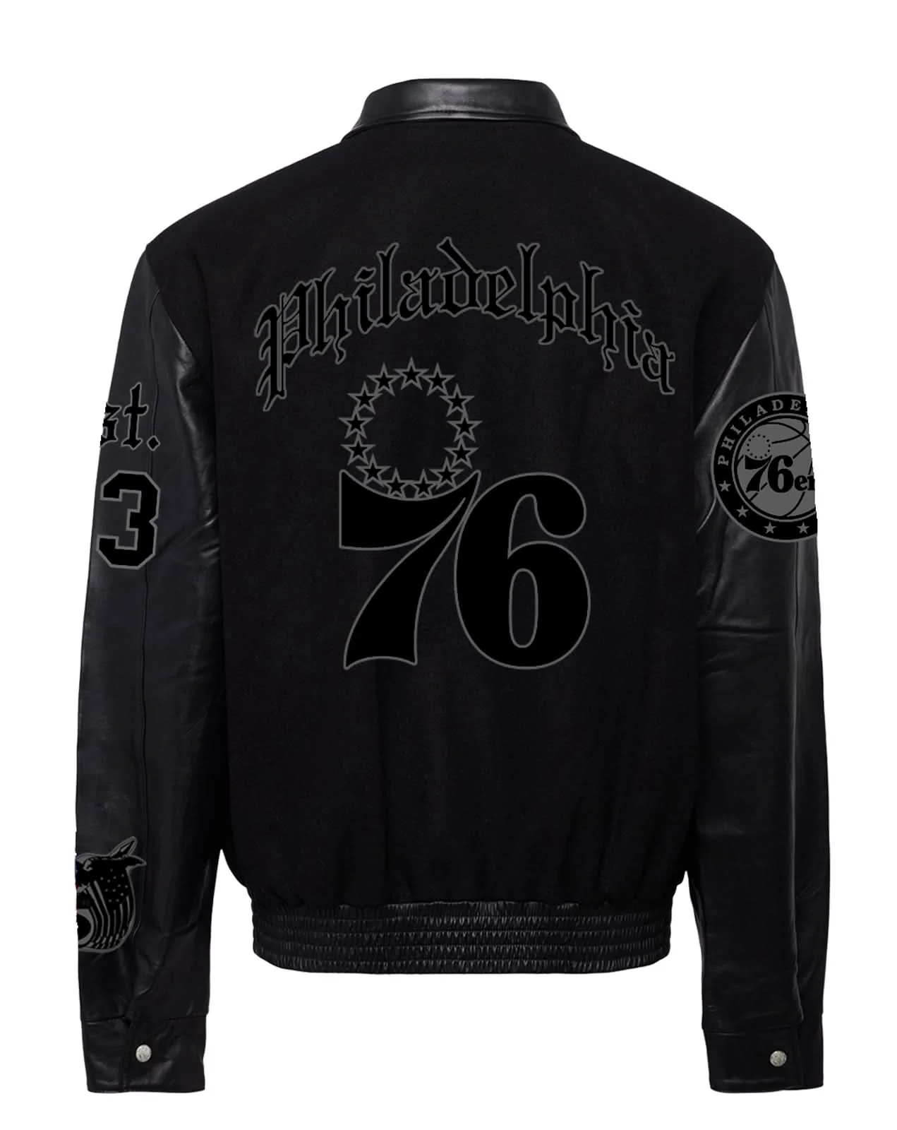 Philadelphia 76ers Wool & Leather Old English Varsity Jacket Black/Black - Image 2