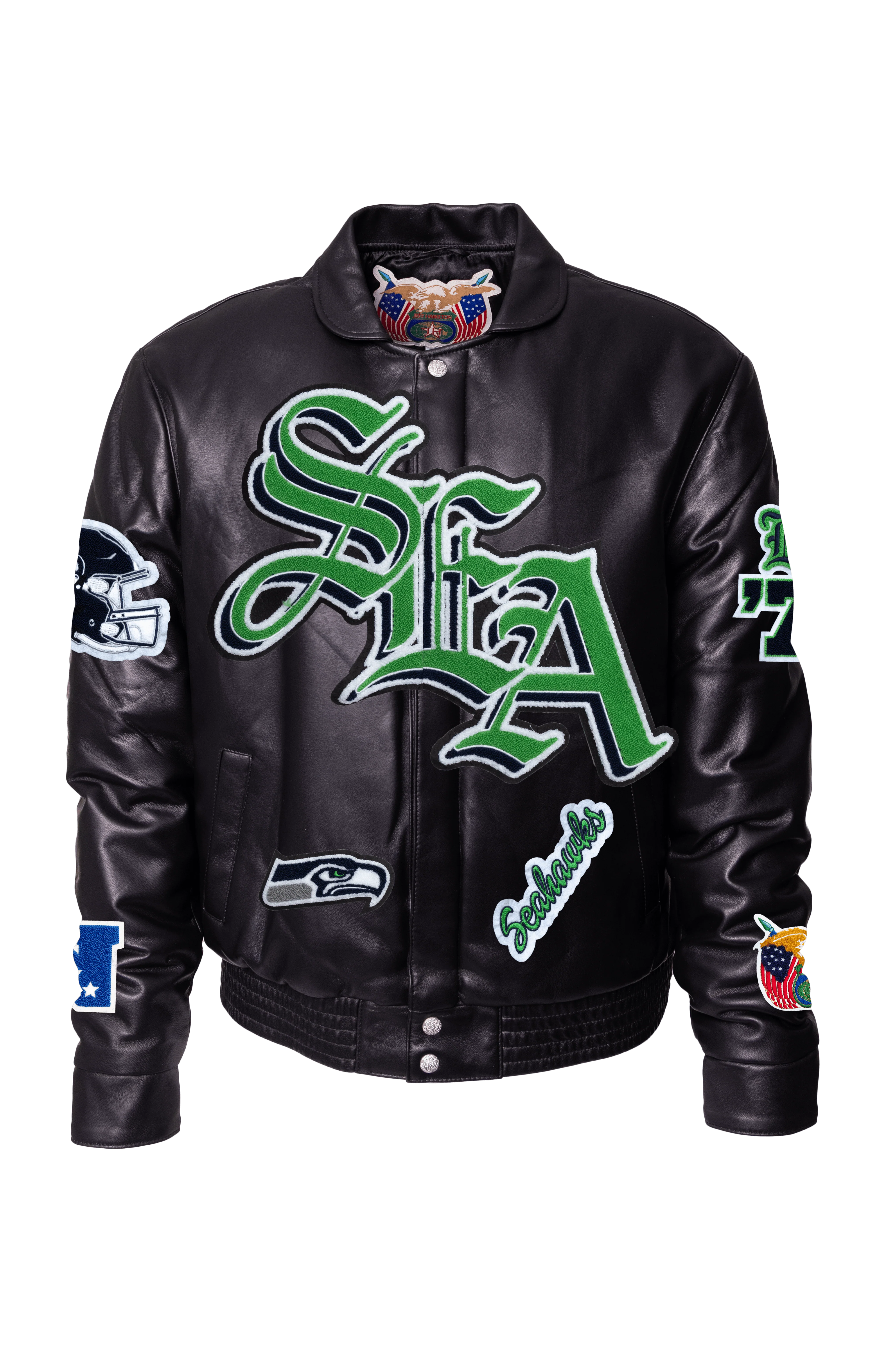 Seattle Seahawks Black Leather Puffer Old English Jacket - Image 2