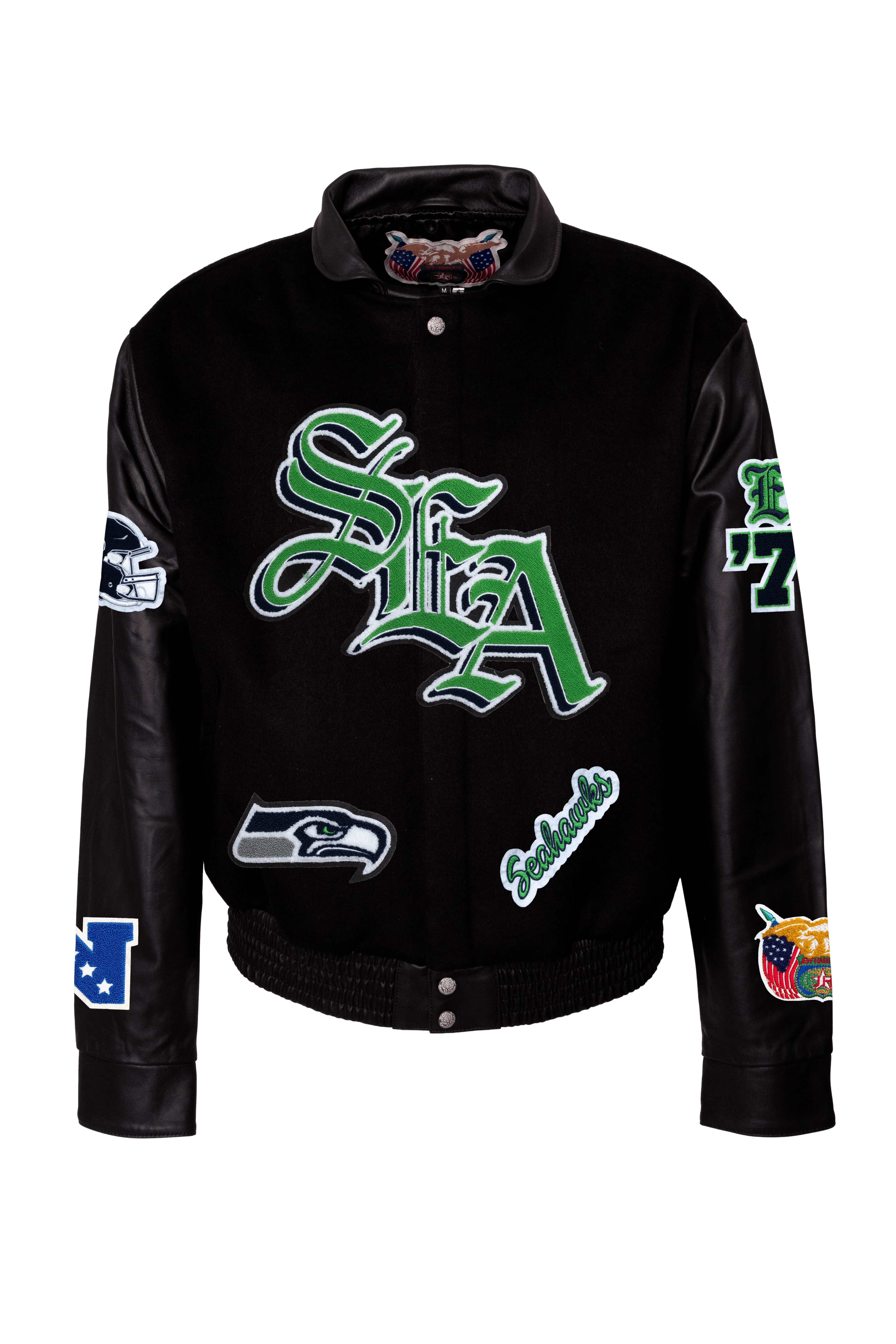 Seattle Seahawks Wool & Leather Jacket Old English Black On Black - Image 2