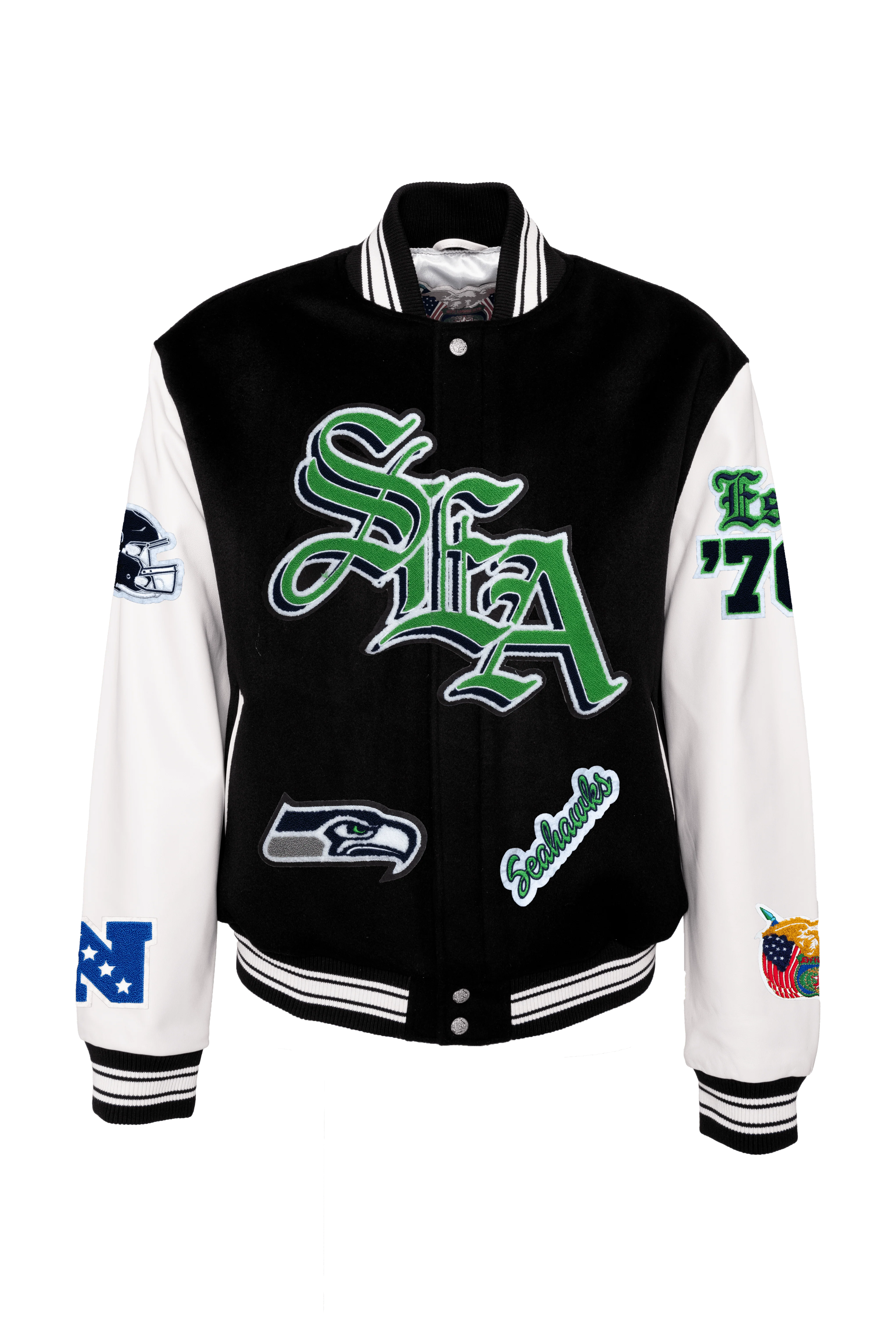 Seattle Seahawks Wool & Leather Old English Jacket Black/White - Image 2