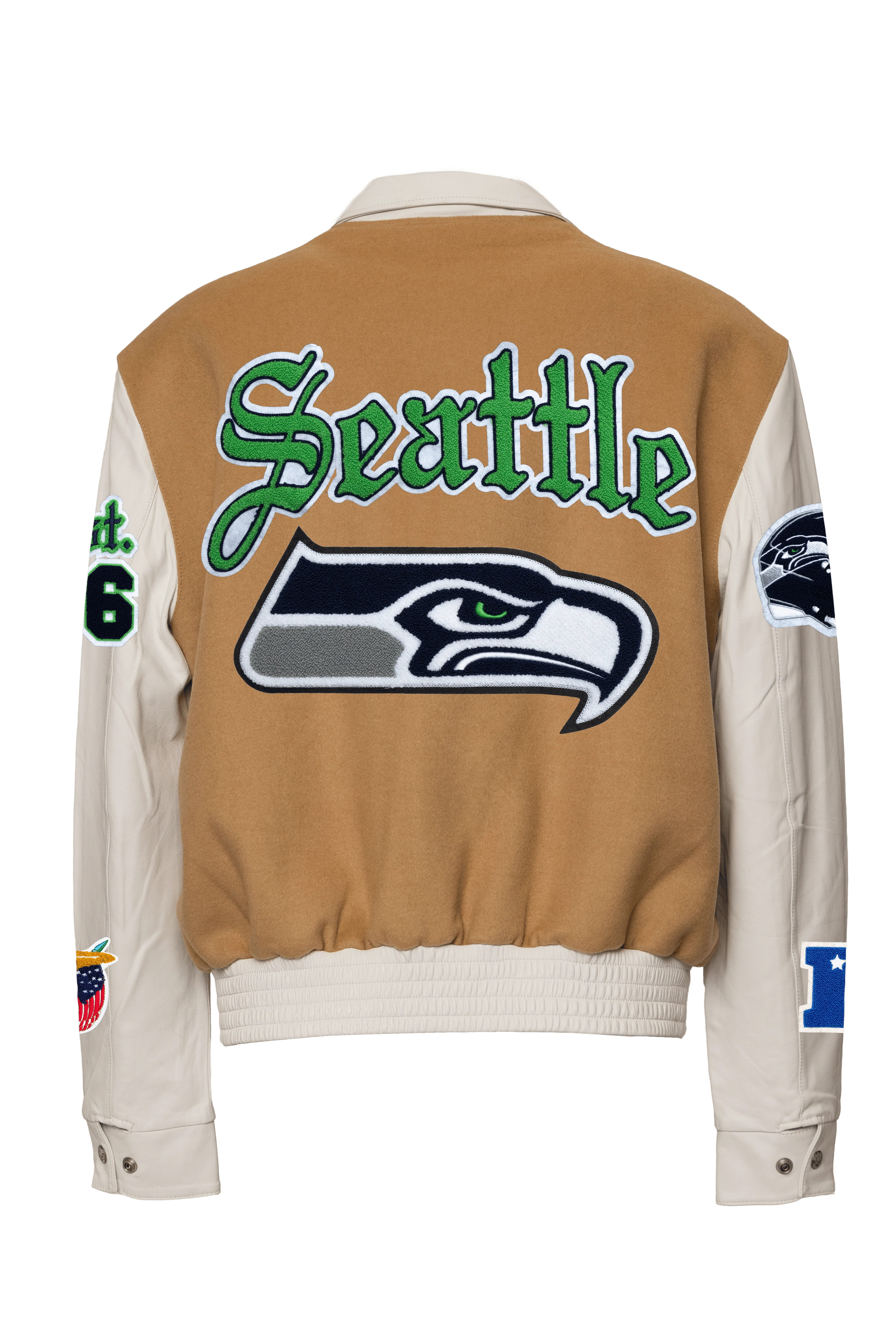 Seattle Seahawks Wool & Leather Old English Varsity Jacket Camel