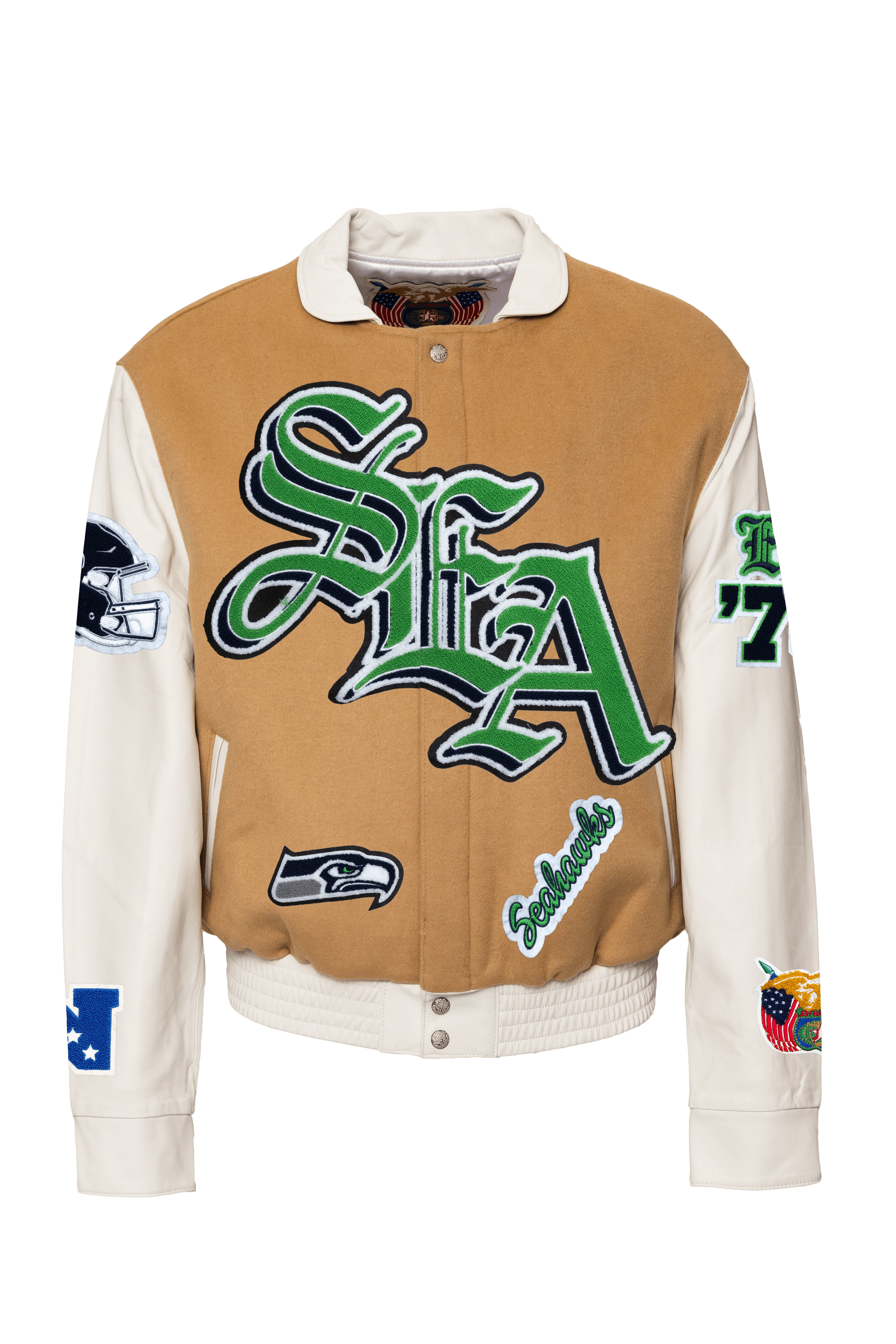 Seattle Seahawks Wool & Leather Old English Varsity Jacket Camel - Image 2