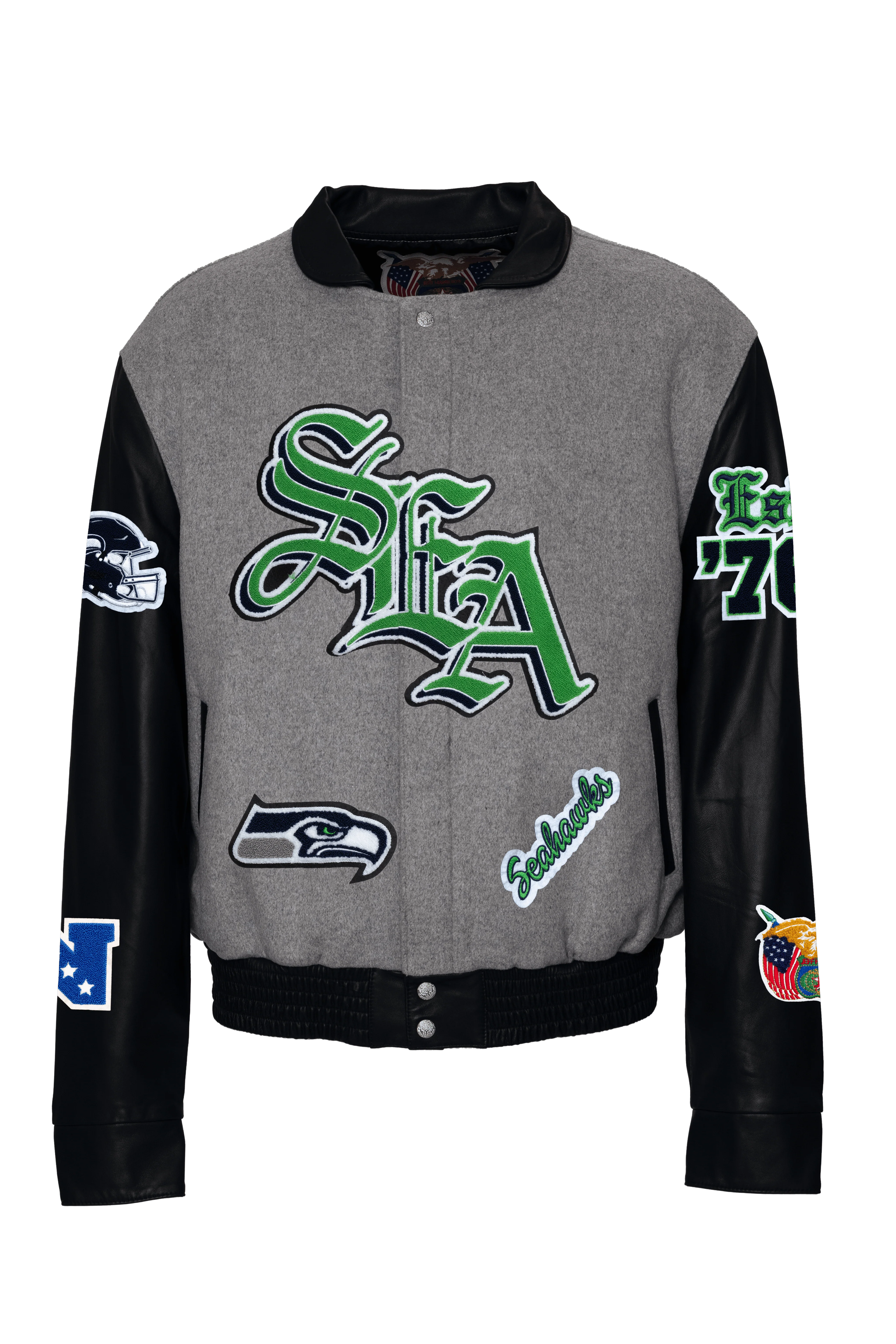 Seattle Seahawks Wool & Leather Old English Varsity Jacket Gray/Black - Image 2