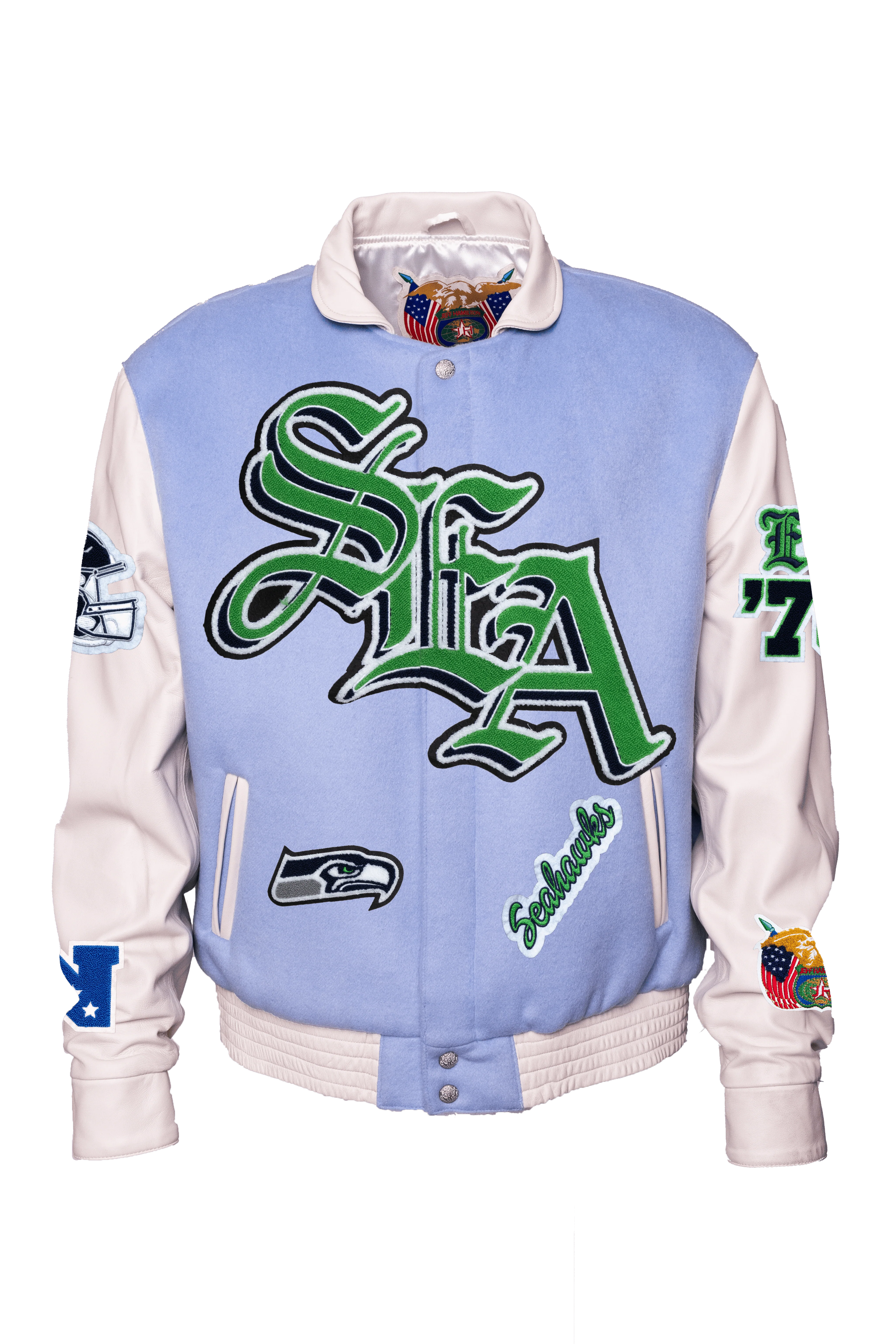 Seattle Seahawks Wool & Leather Old English Varsity Jacket Light Blue/White - Image 2