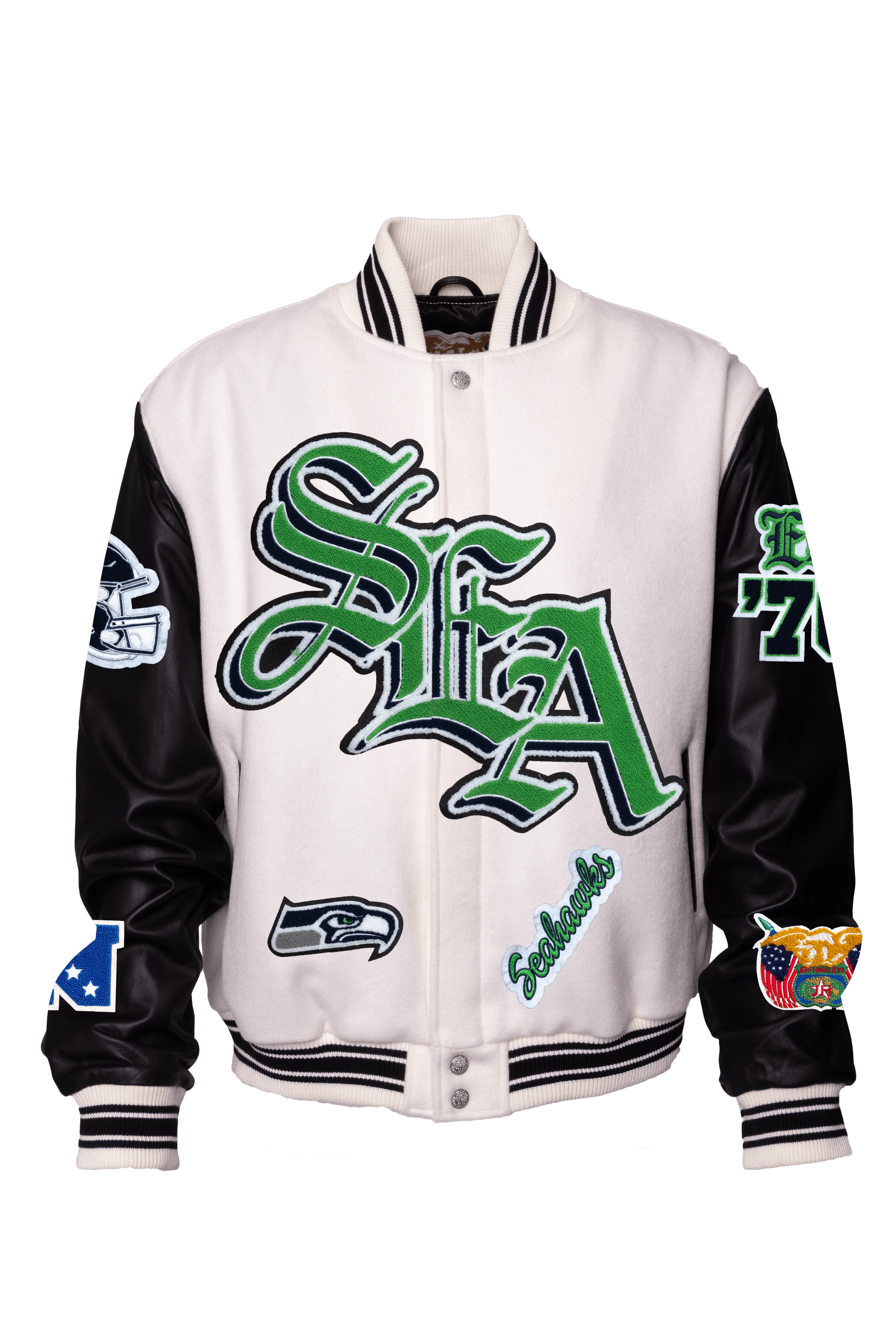 Seattle Seahawks Wool & Leather Old English Varsity Jacket White/Black - Image 2