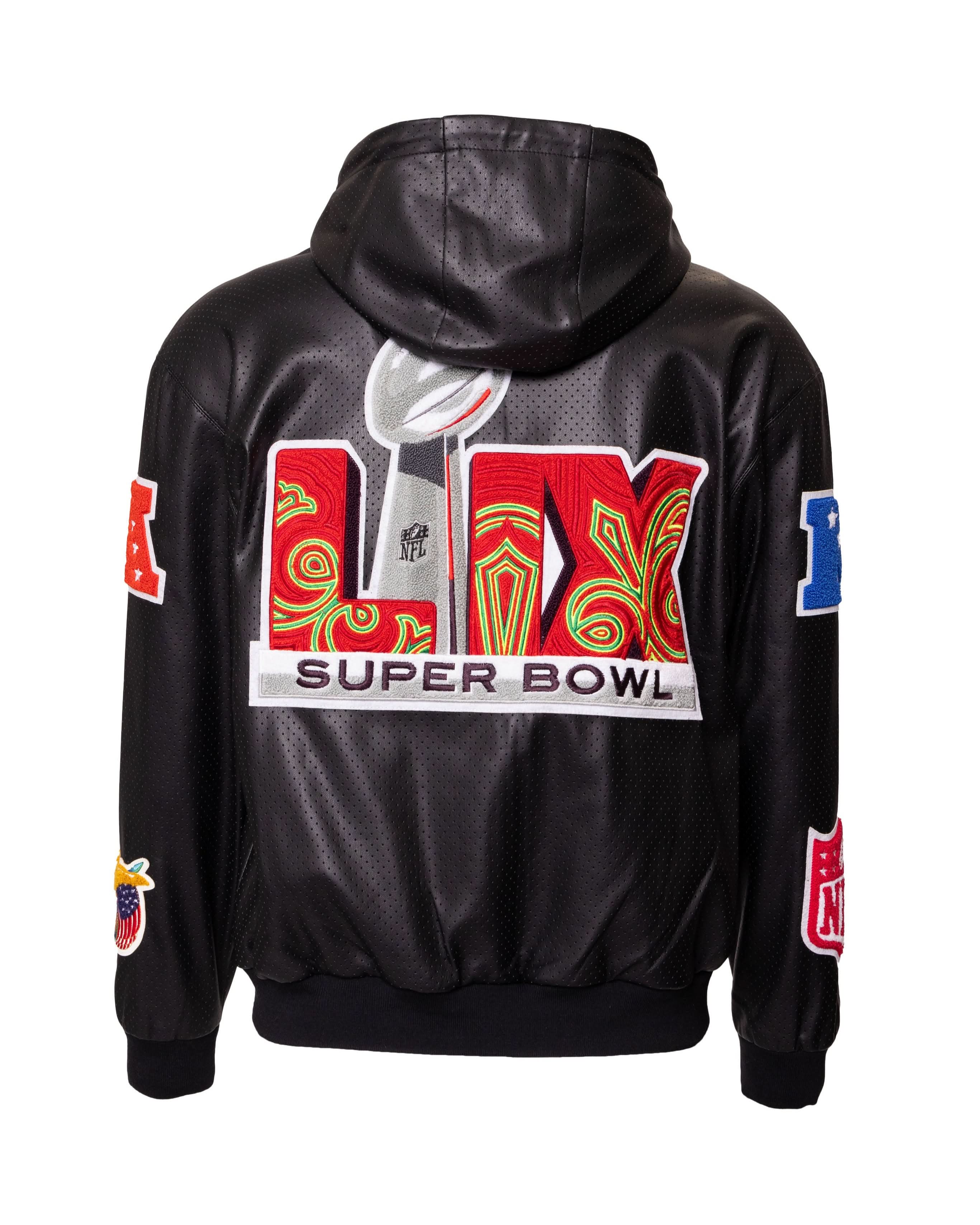 Super Bowl 2025 Vegan Leather Zip-Up Hooded Jacket AR