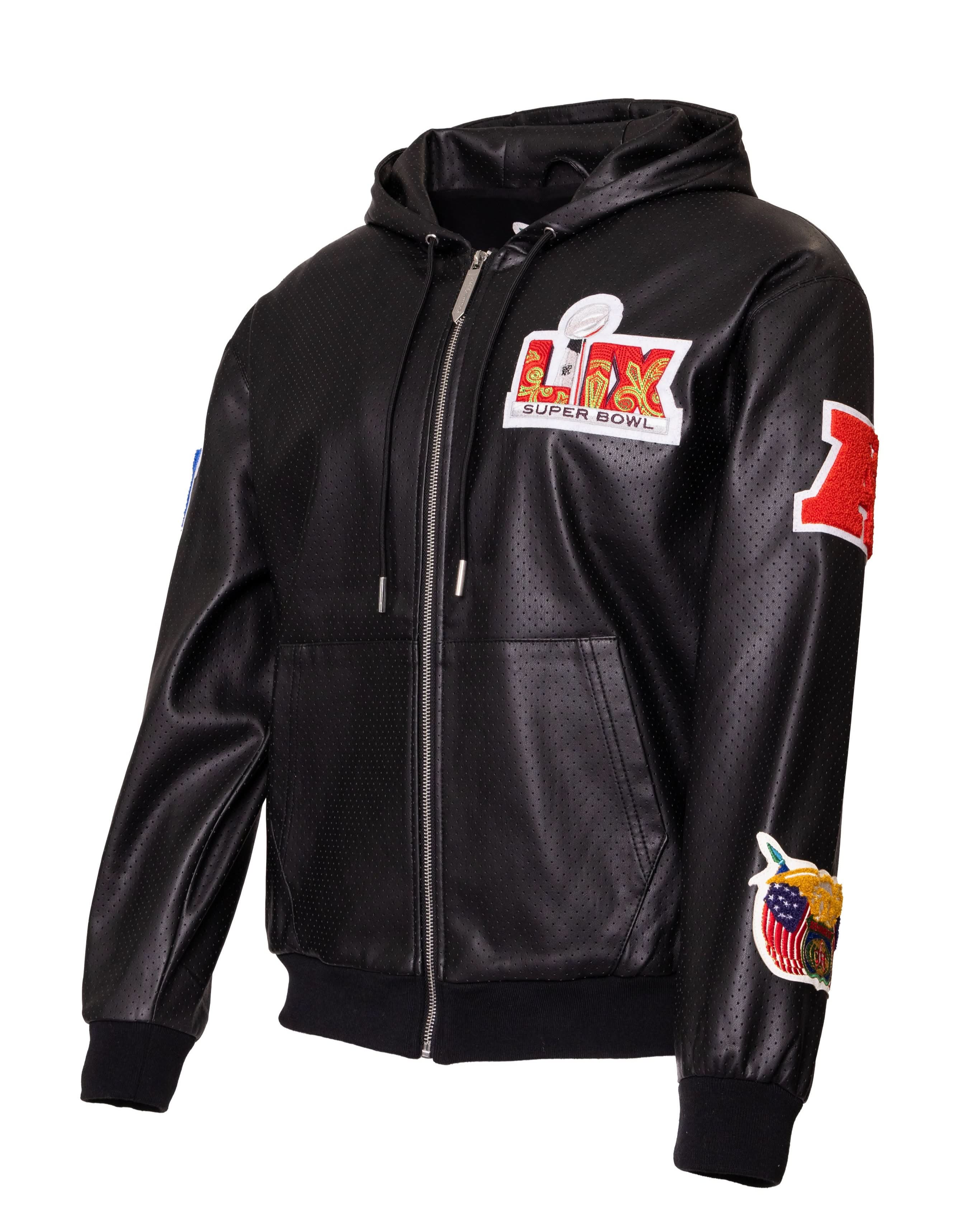 Super Bowl 2025 Vegan Leather Zip-Up Hooded Jacket AR - Image 3