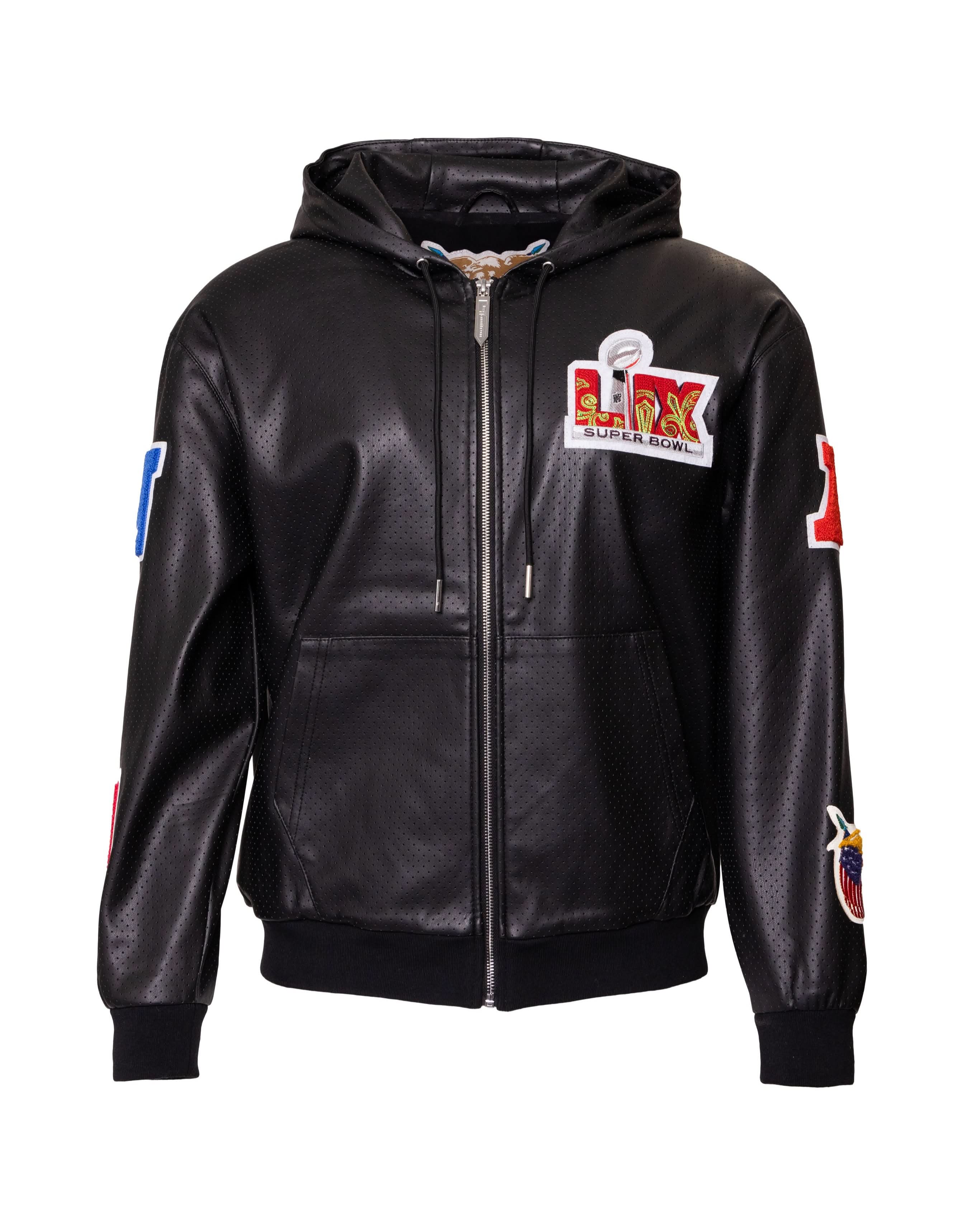 Super Bowl 2025 Vegan Leather Zip-Up Hooded Jacket AR - Image 4