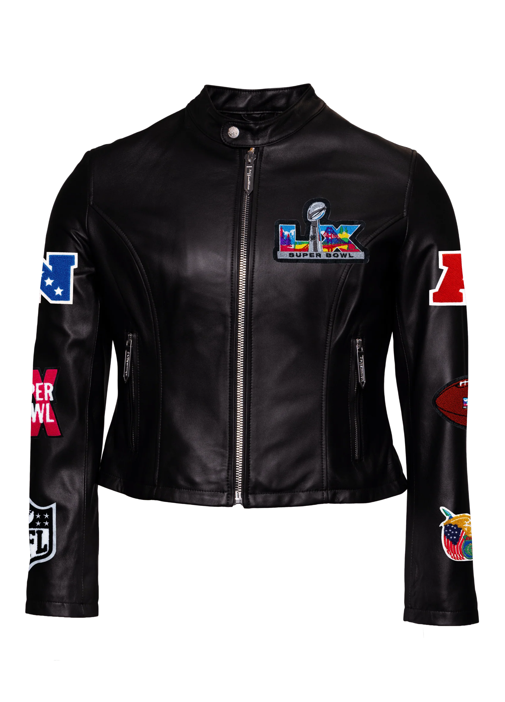 Super Bowl 2026 Full Leather Womens Moto Jacket-Black - Image 2