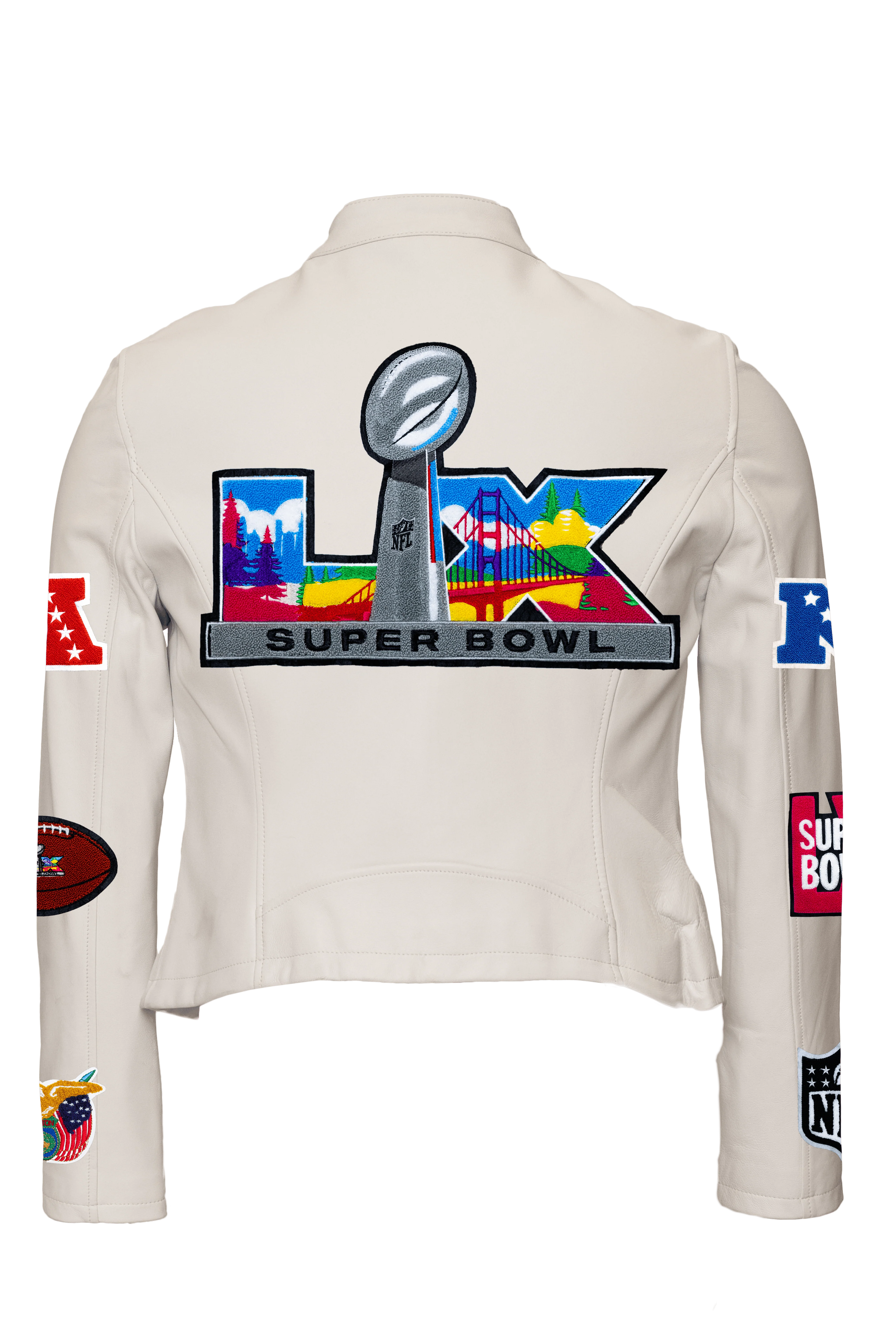 Super Bowl 2026 Full Leather Womens Moto Jacket-White