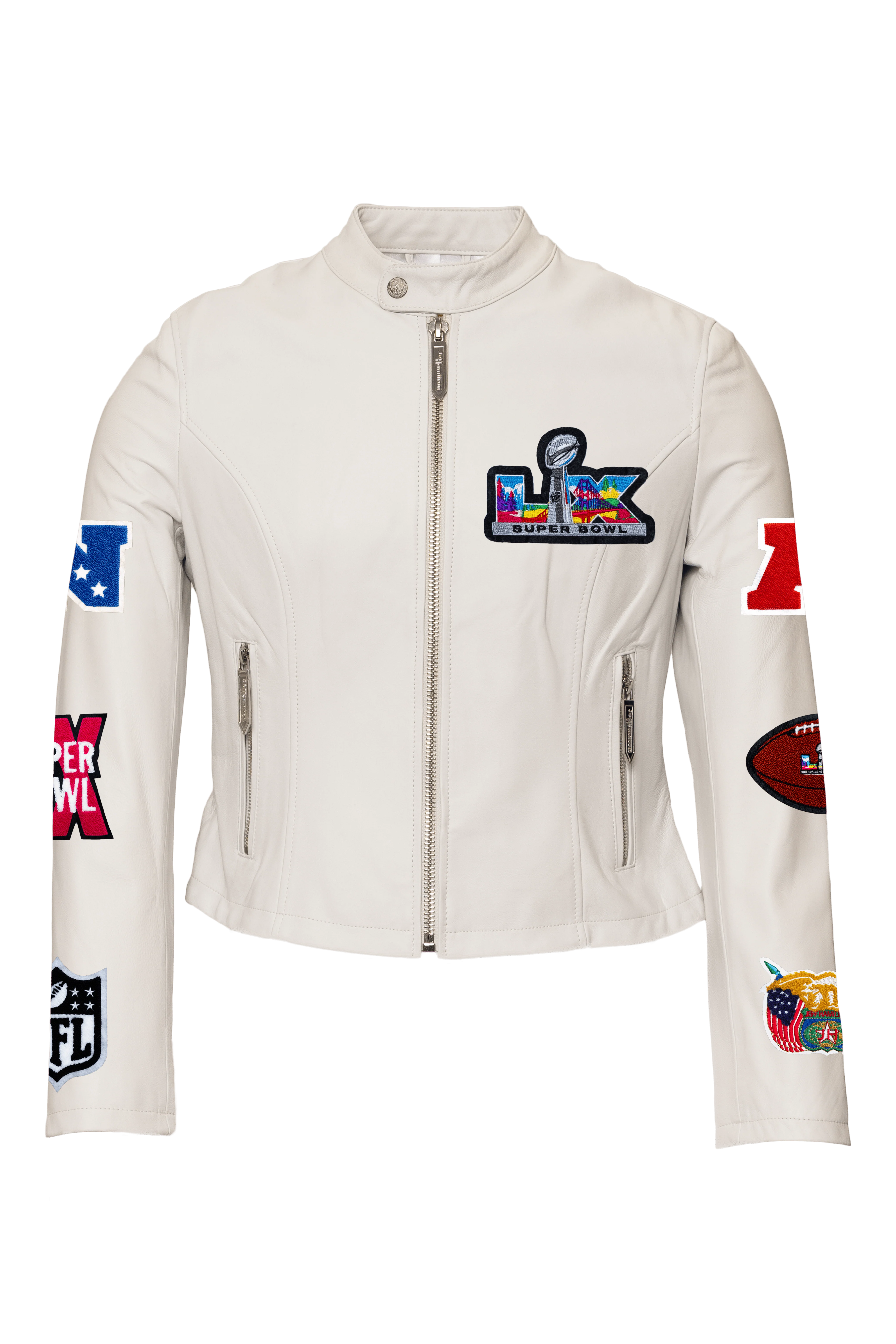 Super Bowl 2026 Full Leather Womens Moto Jacket-White - Image 2
