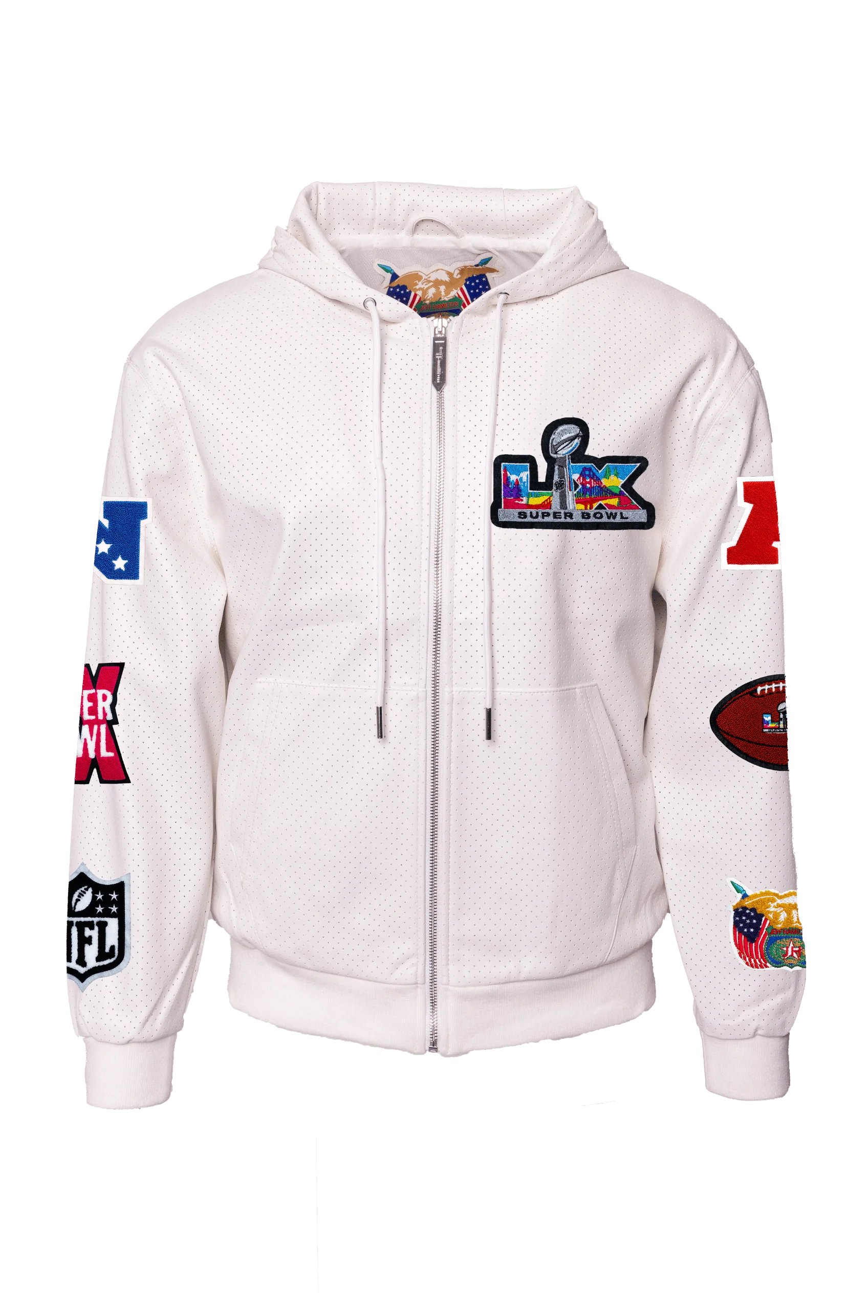 Super Bowl 2026 Vegan Leather Zip-Up Hooded Jacket White - Image 2