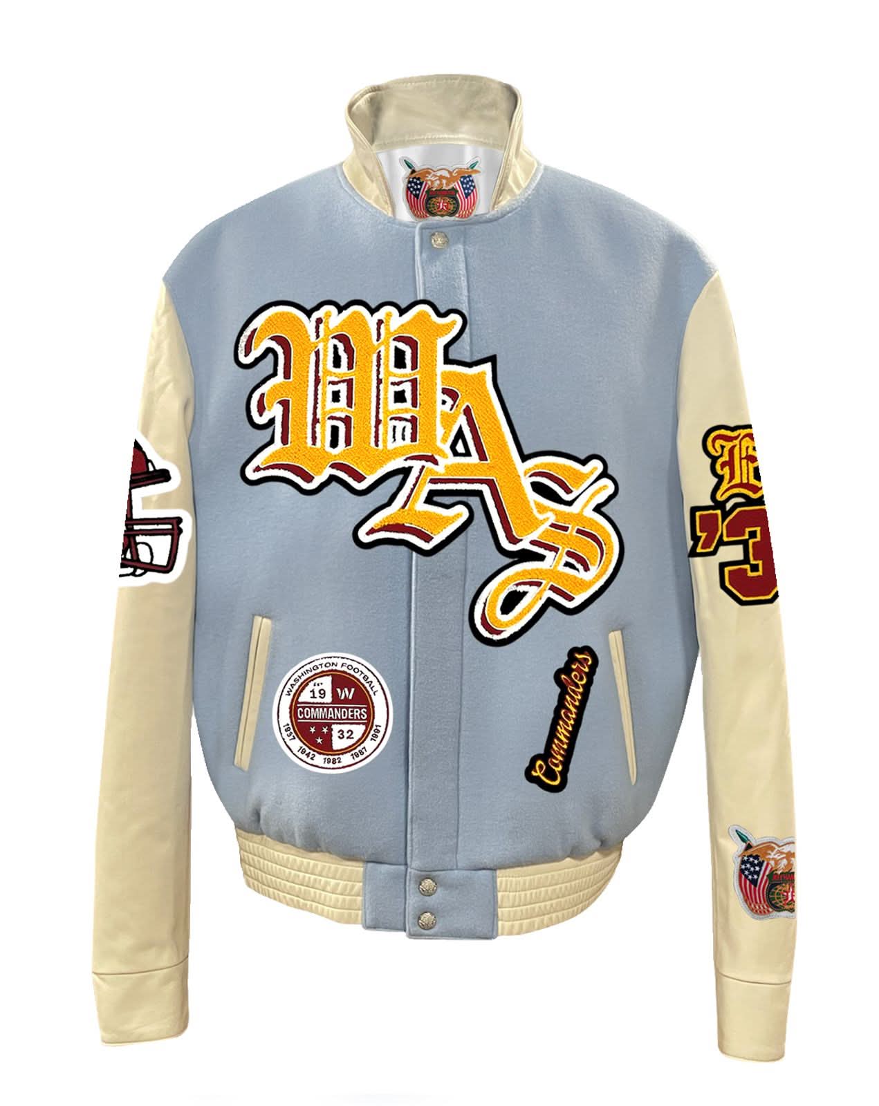 Washington Commanders Wool & Leather Old English Varsity Jacket Baby Blue - Image 2